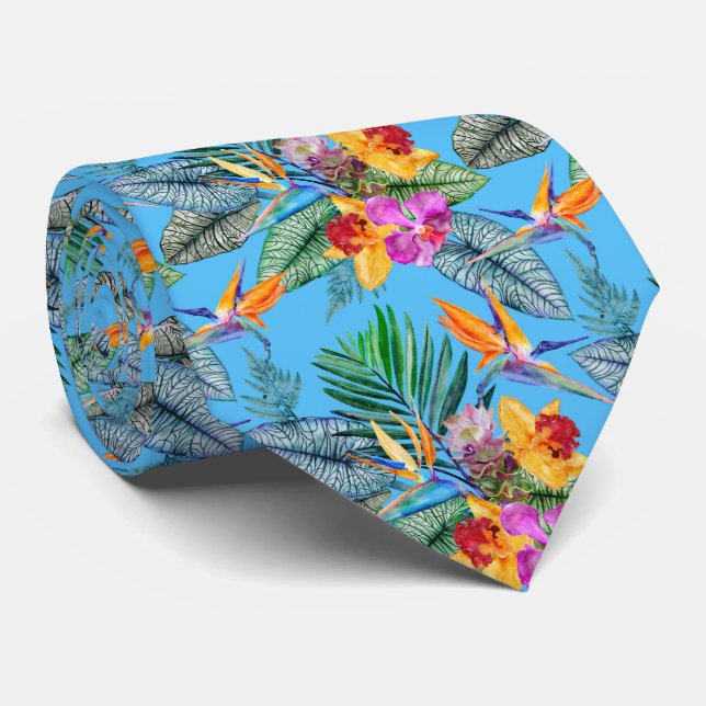 Cravate Oiseau Du Paradis Et Jardin Bleu D'Été D'Orchidée (Roulé)