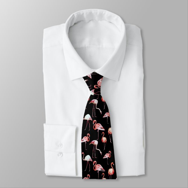 Cravate Oiseau tropical de motif de noir de flamant (Attaché)