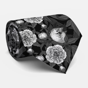 Cravate Oiseaux et fleurs de pivoines monochromes, gris
