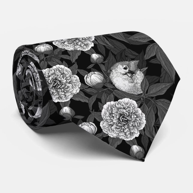 Cravate Oiseaux et fleurs de pivoines monochromes, gris (Roulé)