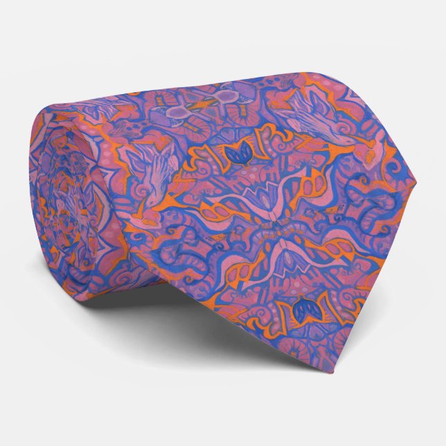 Cravate Oiseaux Motif arabesque Bohémien rose bleu orange (Roulé)