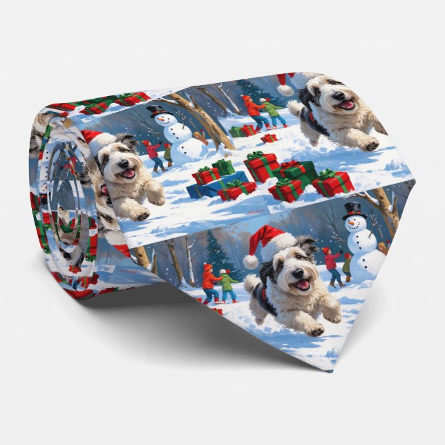 Cravate Old English Sheepdog Running in Snow Christmas Cas (Roulé)