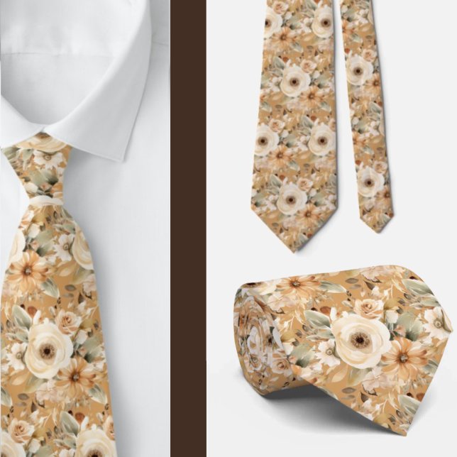 Cravate Or Beige Taupe Ivoire Blanc Aquarelle Floral (Créateur téléchargé)