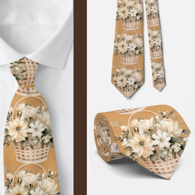 Cravate Or Beige Taupe Ivoire Blanc Aquarelle Florale (Créateur téléchargé)