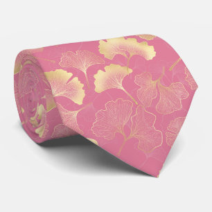 Cravate Or Gold Ginkgo Botanique Motif Rose Scandinave