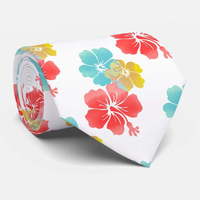 Cravate Orange/Aqua/Hibiscus Jaune/Floral Hawaïen (Roulé)