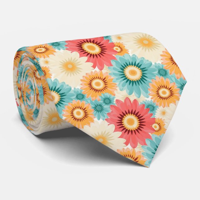 Cravate Orange Bleu Rouge Blanc Fleurs d'été (Roulé)