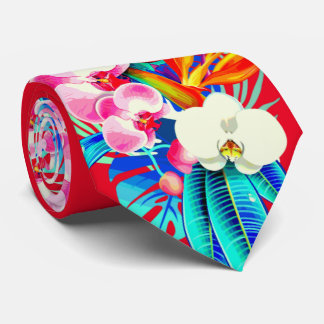 Cravate Orchidée tropicale et palmier feuille floral hawaï