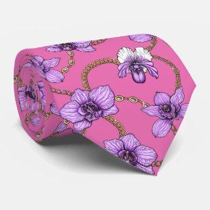 Cravate Orchidées et chaînes, violet et rose