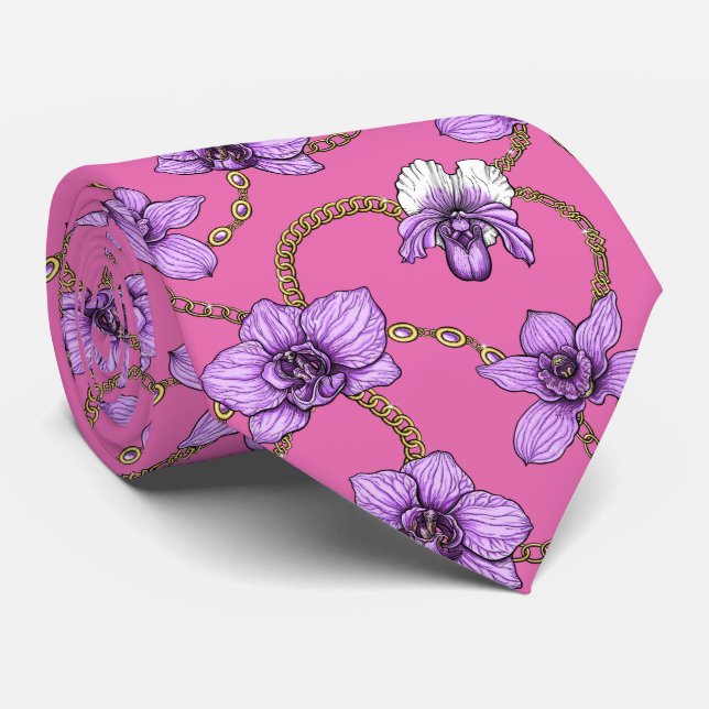 Cravate Orchidées et chaînes, violet et rose (Roulé)