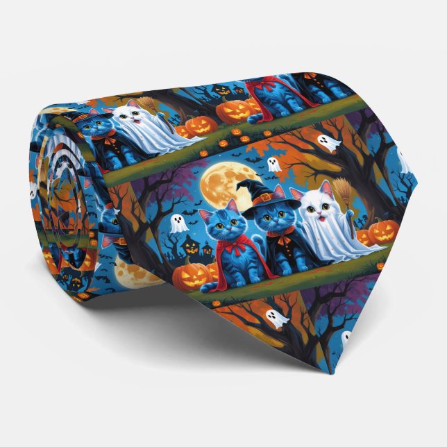 Cravate Oriental Blue Cats Citrouille Halloween Drôle (Roulé)