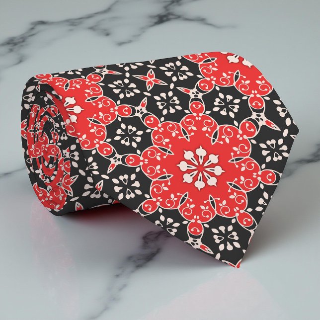 Cravate Ornat élégant en dentelle mosaïque rouge noir et b (Créateur téléchargé)