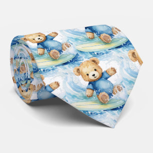 Cravate Ours en peluche bleu surfant