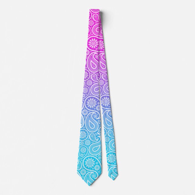 Cravate Paisley blanc rose à ombre bleue (Devant)
