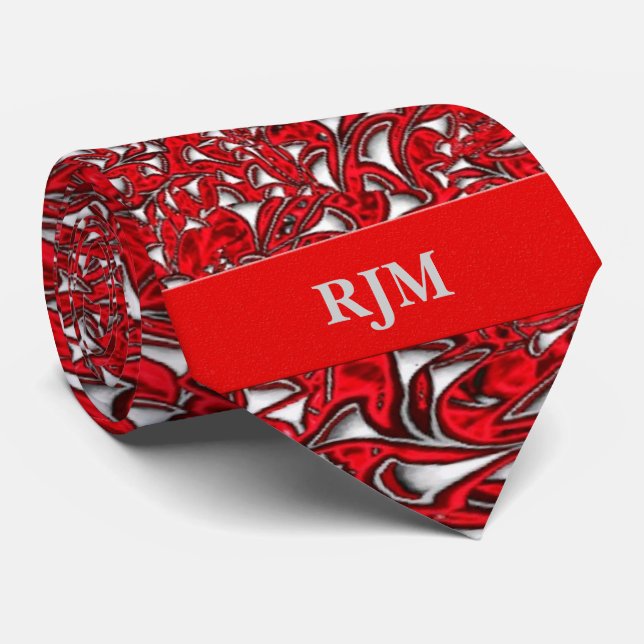 Cravate Paisson rouge vif et blanc Imprimer avec Monogramm (Roulé)