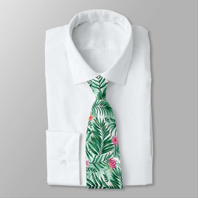 Cravate Palme tropicale & Monstera Feuilles & Fleurs exoti (Attaché)