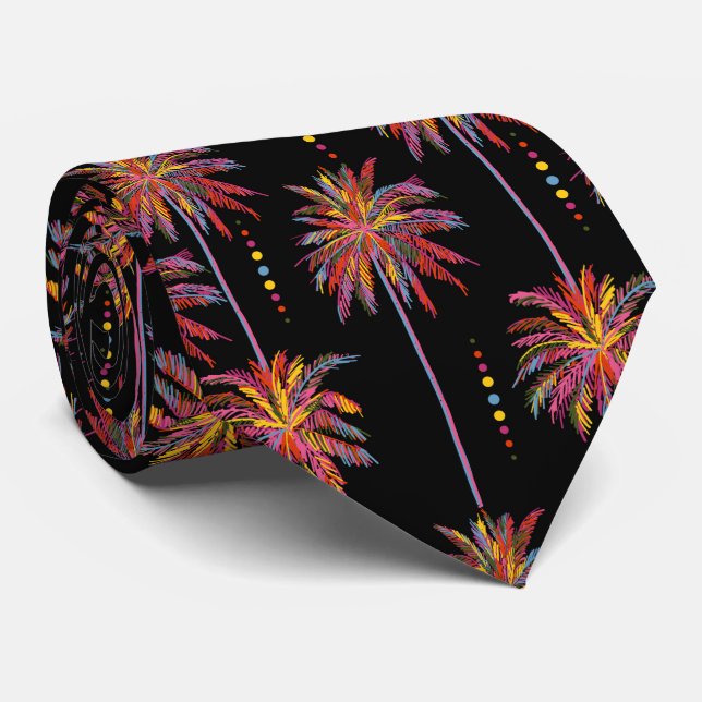 Cravate Palmiers et points de néon tropicaux croqués sur n (Roulé)
