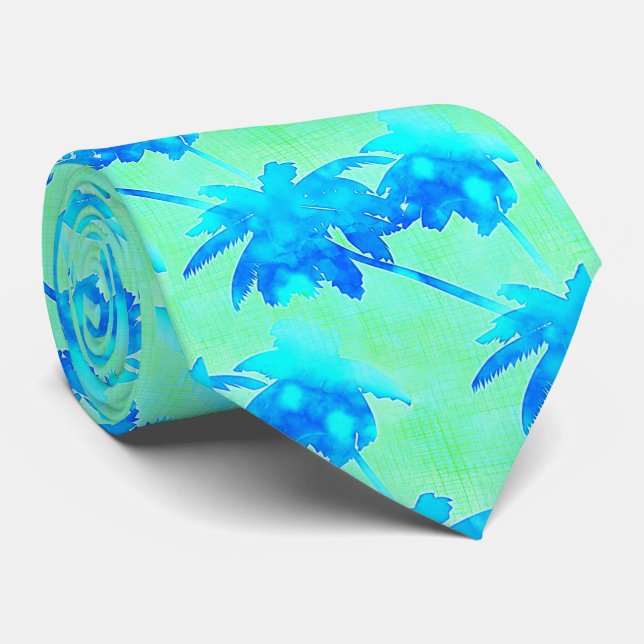 Cravate Palmiers Tropical Motif Bleu clair Vert (Roulé)