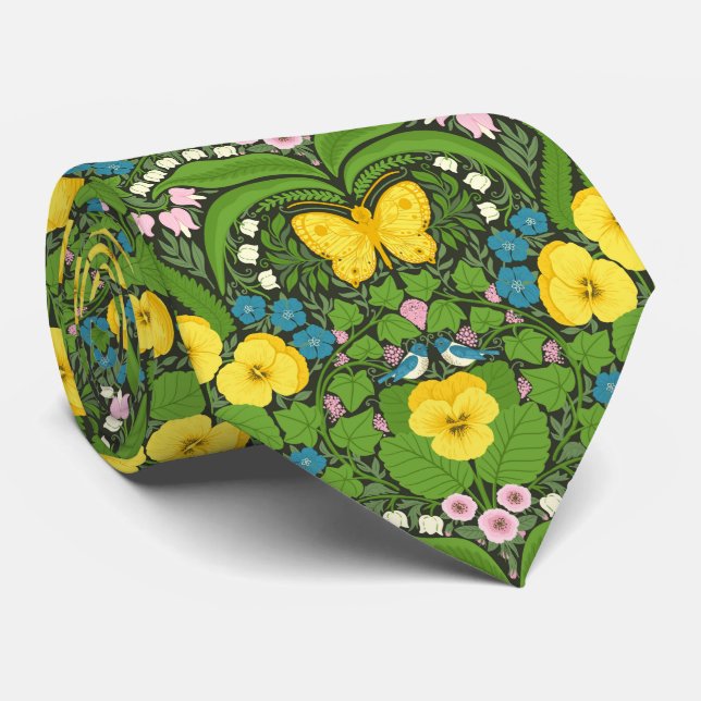 Cravate Pansies jaunes, oiseaux et papillons (Roulé)