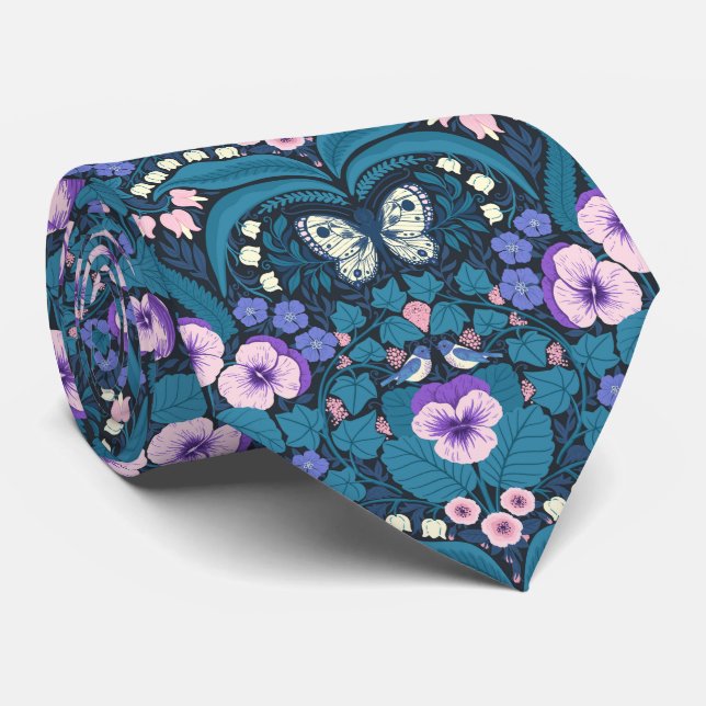 Cravate Pansies, oiseaux et papillons (Roulé)