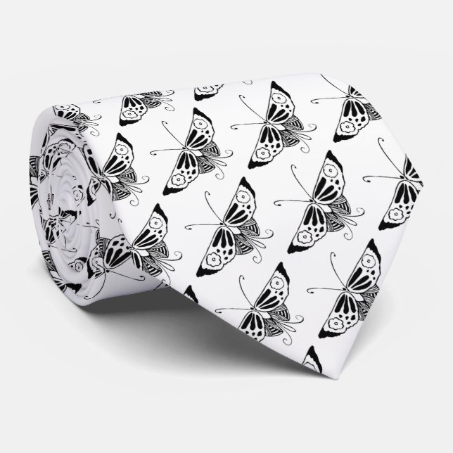 Cravate Papillon déco stylisé - blanc et noir (Roulé)