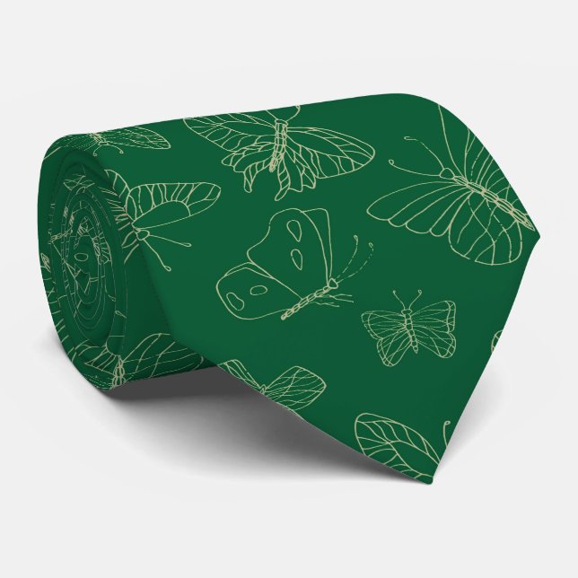 Cravate Papillon vert foncé imprimé, inspiré par la nature (Roulé)
