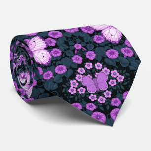 Cravate Papillons et symétrie des fleurs, violet et bleu