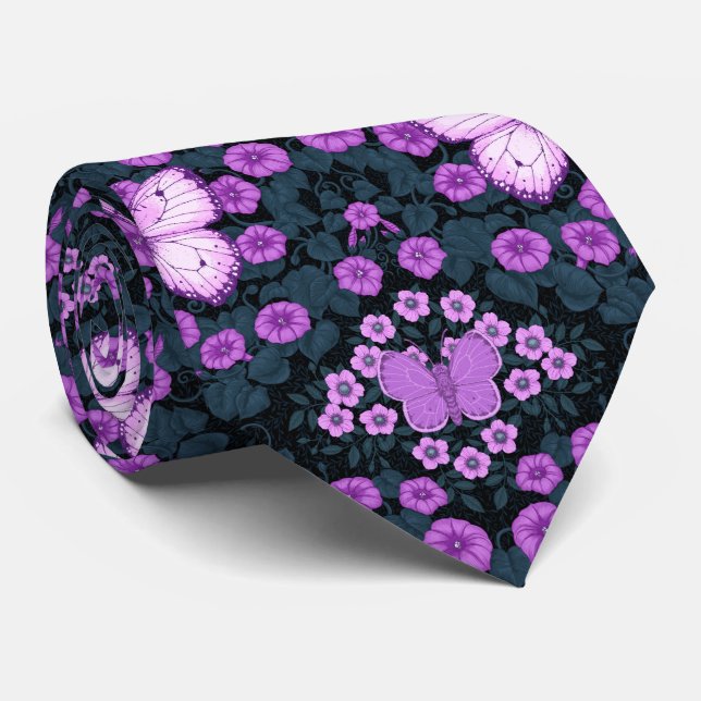 Cravate Papillons et symétrie des fleurs, violet et bleu (Roulé)
