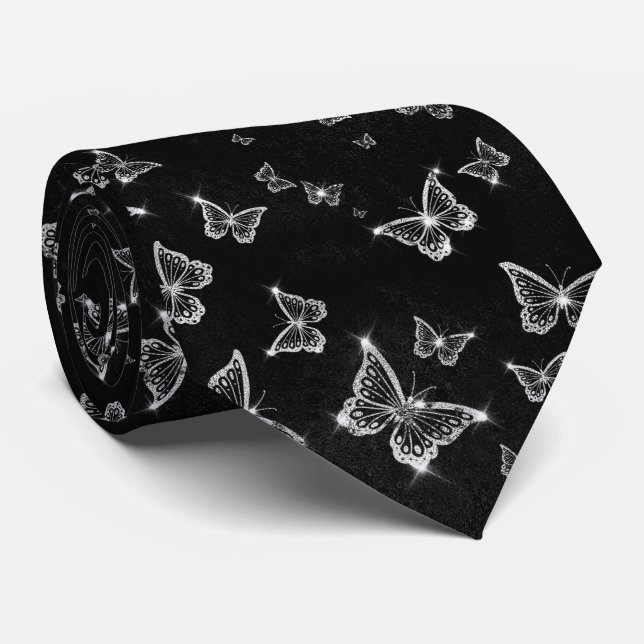 Cravate Papillons glamés en argent étincelant (Roulé)