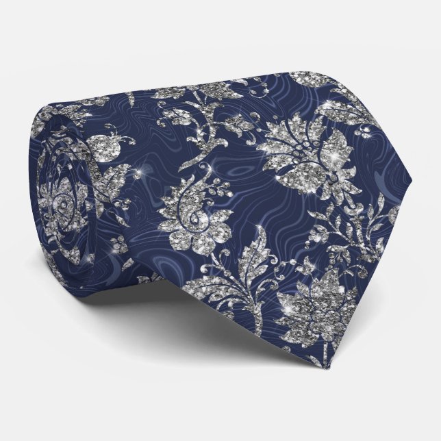 Cravate Parties scintillant Dusty Blue et Silver Floral (Roulé)