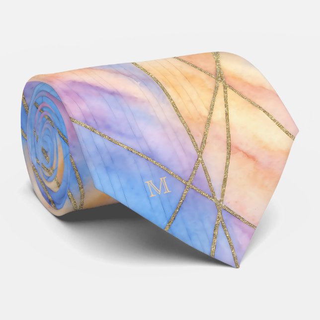 Cravate Pastel Aquarelle Or Accent Lignes soie Monogramme (Roulé)
