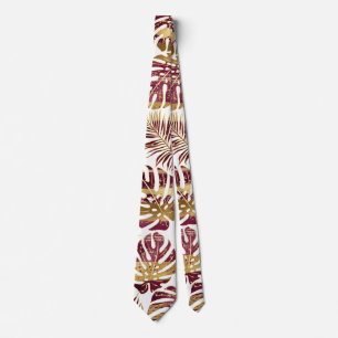 Cravate Patterned tropical leaves burgundy and gold