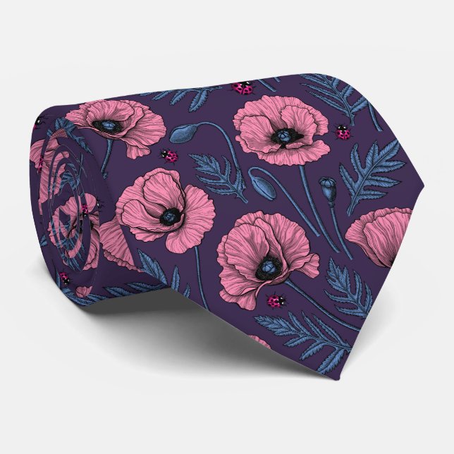 Cravate Pavot rose sur violet foncé (Roulé)
