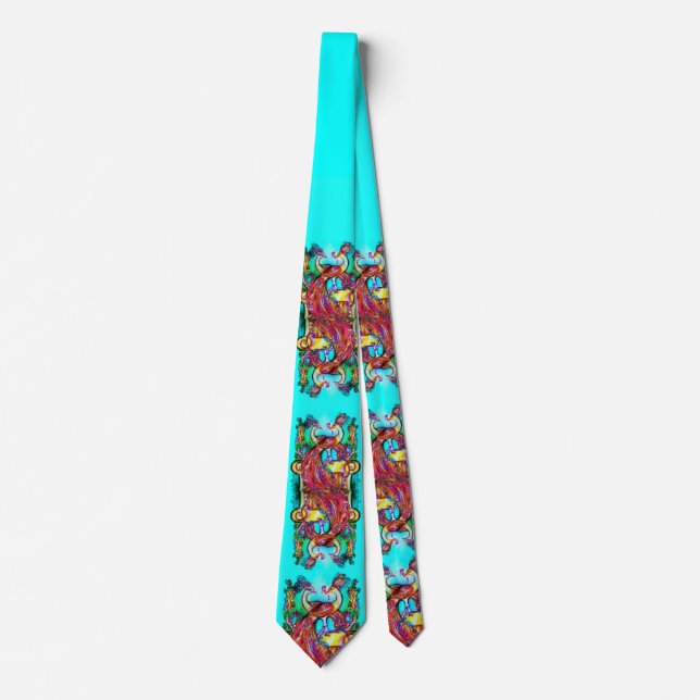 Cravate PEACOCKS EN AMOUR Bleu Rouge Turquoise Vert Floral (Devant)
