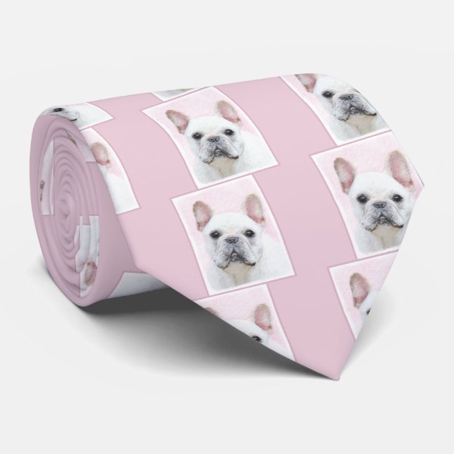 Cravate Peinture française de Bulldog (Crème/Blanc) (Roulé)
