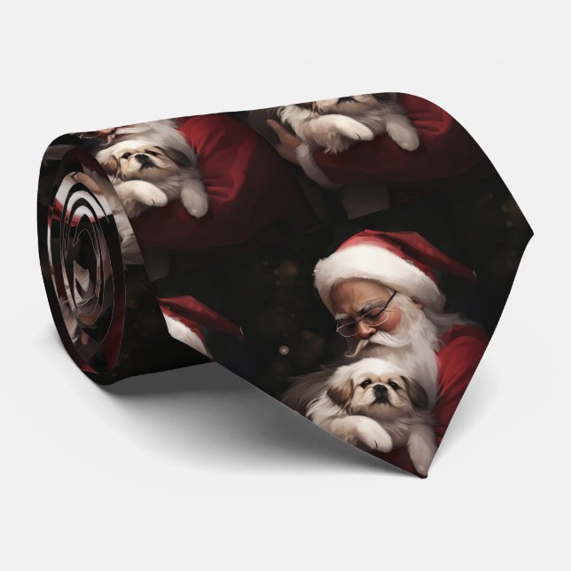 Cravate Pekingese avec le Père Noël Festif Noël (Roulé)
