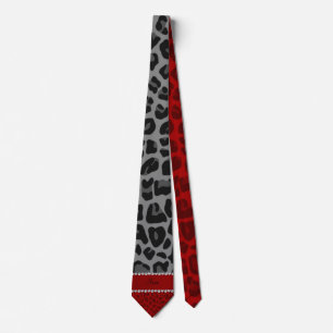 Cravate Personalized name grey red leopard pattern