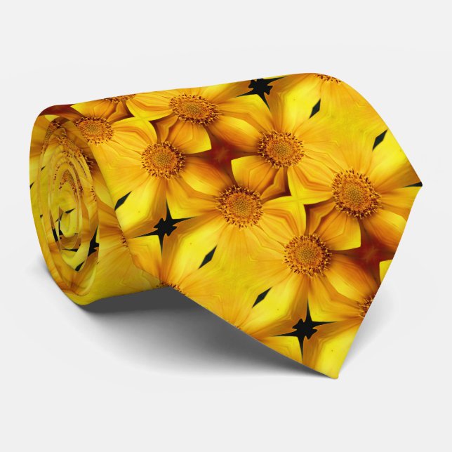 Cravate Pétales Fleurs Jaunes Et Motif Centre (Roulé)