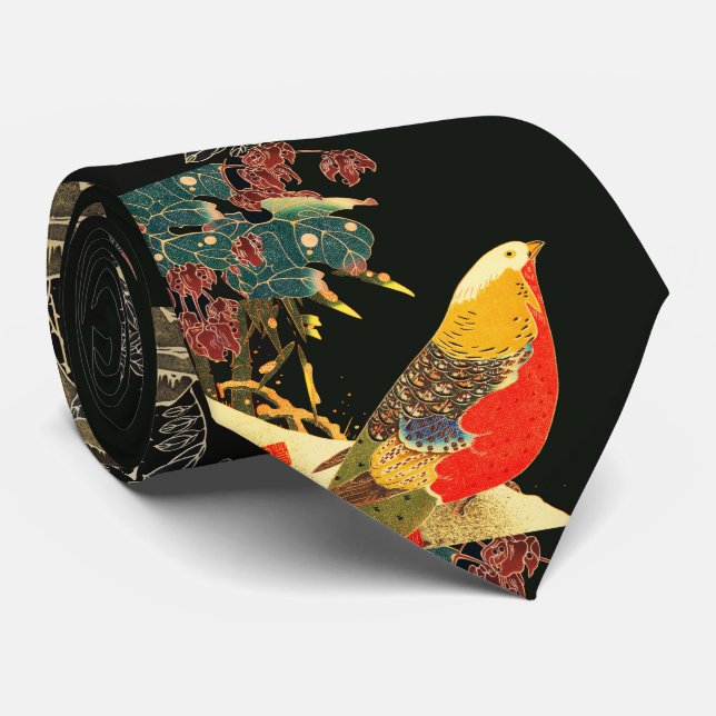 Cravate Phéasé d'or en neige Antique Floral japonais (Roulé)