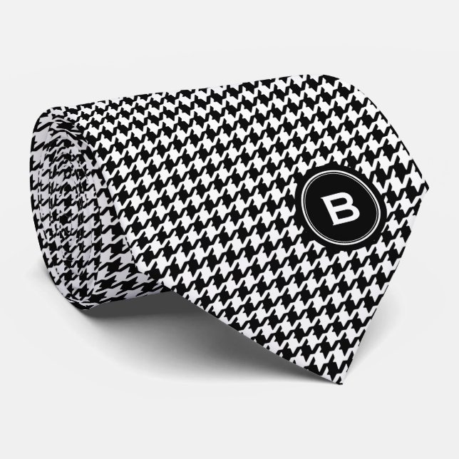 Cravate Pied de fond noir et blanc classique avec monogram (Roulé)