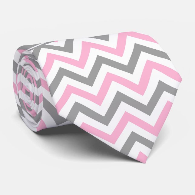 Cravate Pink Dk Gray White LG Chevron Gray Name Monogram (Roulé)