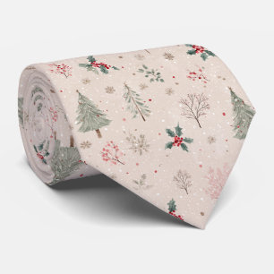 Cravate Pink Winter - Feuilles de houx, pin, flocons de ne