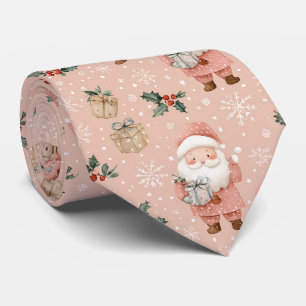 Cravate Pink Winter - Père Noël, Flocons de Neige, Houx