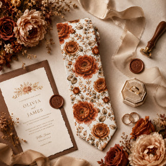 Cravate Pivoine et Rose Florale Mariage Cuivre Brûlé