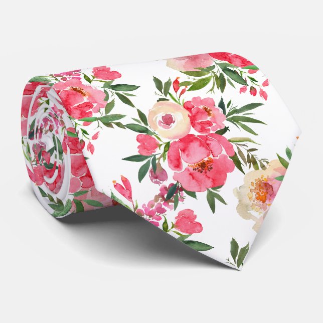Cravate Pivoines Florales d'Été à l'Aquarelle (Roulé)