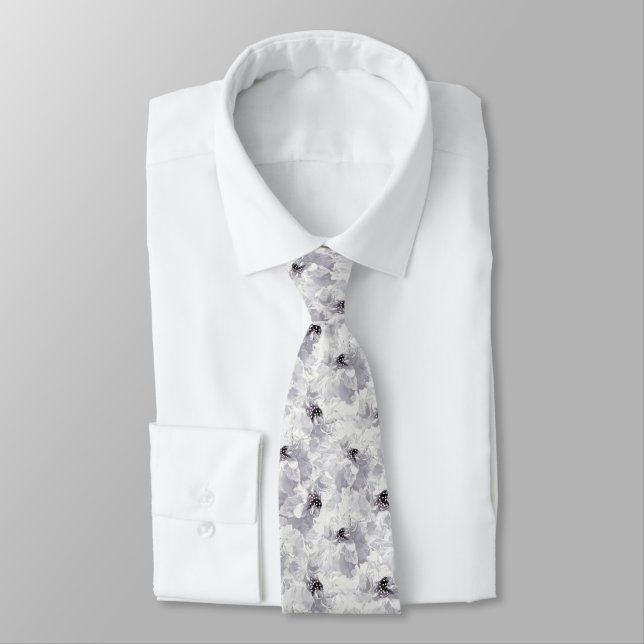 Cravate pivoines, gris et blanc, fleurs florales, blanches (Attaché)
