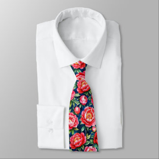 Cravate Pivoines roses rouges & feuilles vertes motif bleu