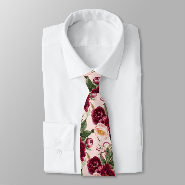 Cravate PixDezine H2 Fleurs Bourgogne Blancs Peonies (Attaché)