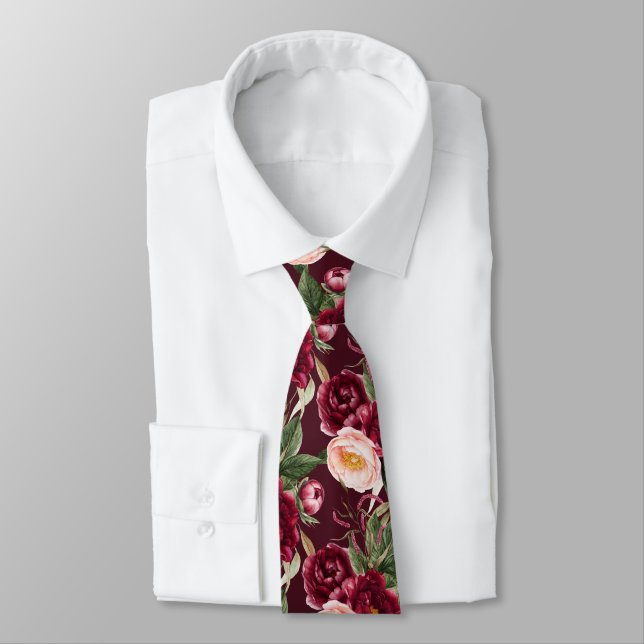 Cravate PixDezine H2 Fleurs Bourgogne Blancs Peonies (Attaché)