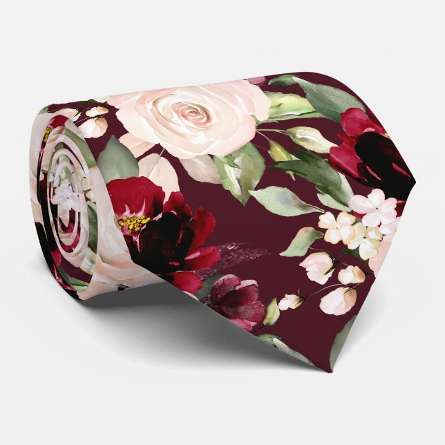 Cravate PixDezine H2 Fleurs Burgundy Blush Roses (Roulé)